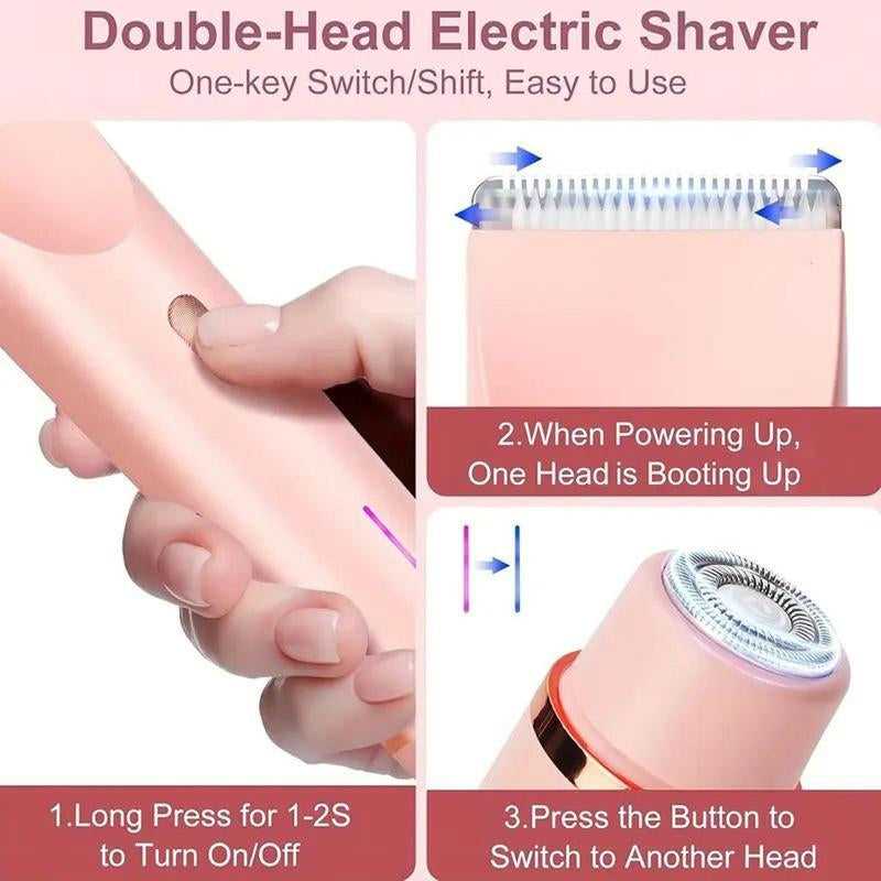 Bikini Trimmer for Women, Electric Shaver and Razor Rechargeable 2-In-1 Body and Facial Epilator, Dual Heads for Painless Trimming of Pubic Hair, Face, Underarms and Legs, Summer Gift