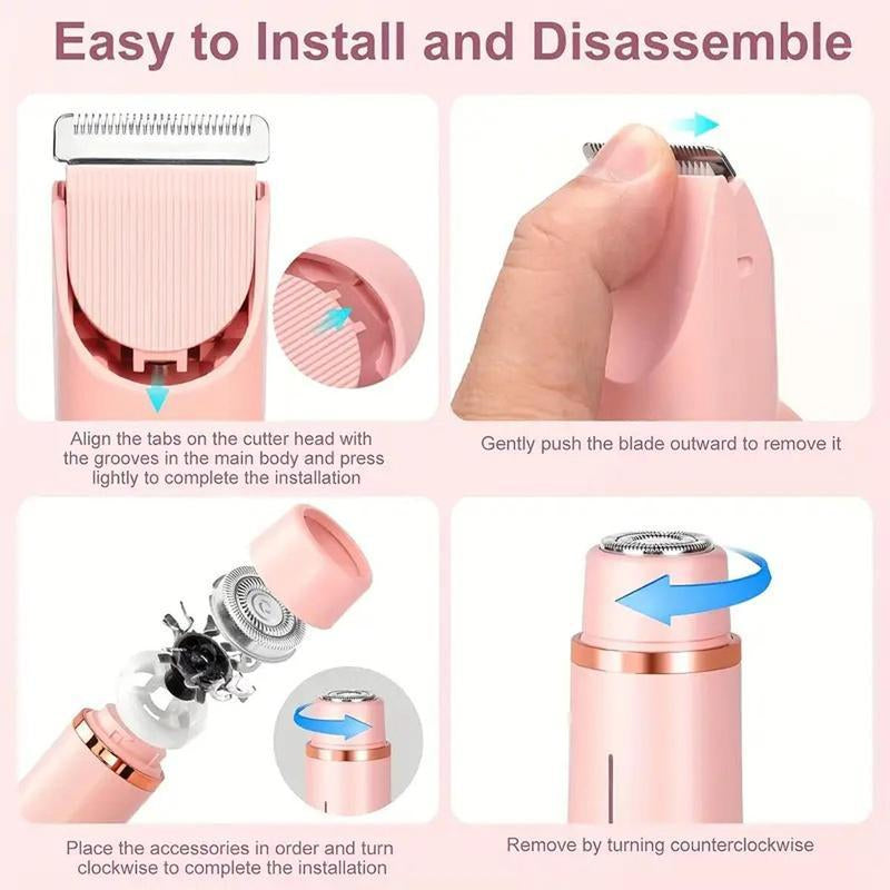 Bikini Trimmer for Women, Electric Shaver and Razor Rechargeable 2-In-1 Body and Facial Epilator, Dual Heads for Painless Trimming of Pubic Hair, Face, Underarms and Legs, Summer Gift
